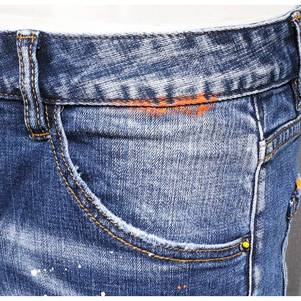 Fashion Streetwear Men Jeans Retro Black Blue Elastic Slim Fit Ripped Jeans Men Spliced Designer Embroidery Hip Hop Denim Pants PlatiNum