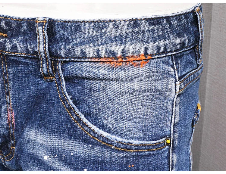 Fashion Streetwear Men Jeans Retro Black Blue Elastic Slim Fit Ripped Jeans Men Spliced Designer Embroidery Hip Hop Denim Pants PlatiNum