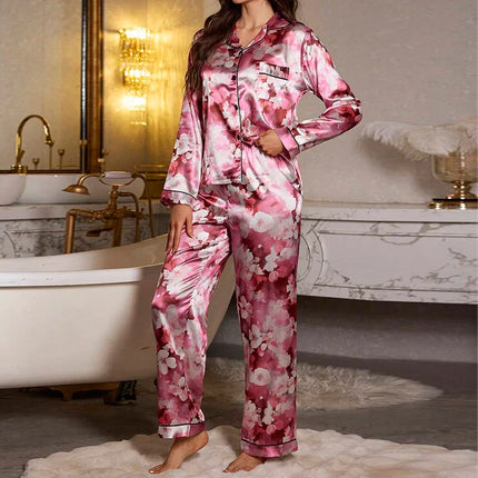 Pigiama da donna con stampa floreale color block, maniche lunghe e pantaloni in raso per un sonno confortevole, morbido pigiama e pigiama da notte