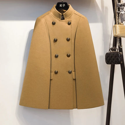 French Elegant Retro Hepburn Style Stand Collar Double-breasted Loose Temperament Commuter Woolen Jacket Cape Cloak Women Autumn