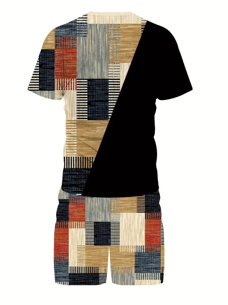 Nuovo vestito da uomo in due pezzi con stampa scozzese moda estate O-colletto Polo a maniche corte + pantaloncini abito da uomo in due pezzi