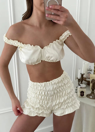 Pigiama da donna HiLoc in raso sexy, completo due pezzi con top corto e pantaloncini a vita elasticizzata con arricciatura, tinta unita, per casa.