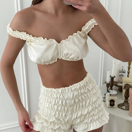 Pigiama da donna HiLoc in raso sexy, completo due pezzi con top corto e pantaloncini a vita elasticizzata con arricciatura, tinta unita, per casa.