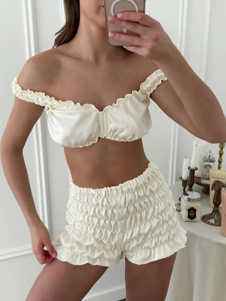 Pigiama da donna HiLoc in raso sexy, completo due pezzi con top corto e pantaloncini a vita elasticizzata con arricciatura, tinta unita, per casa.