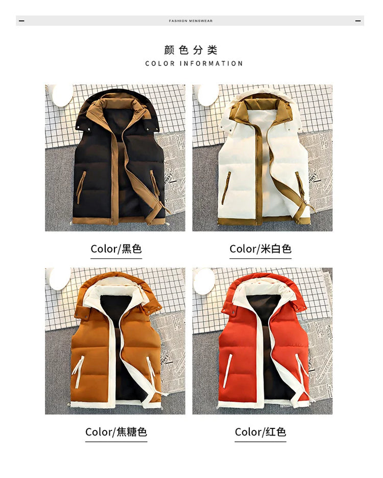 New Hooded Casual Men Waistcoat Comfortable Warm Zipper Male Sleeveless Jackets Solid Color Windproof Clothing for Men Spring