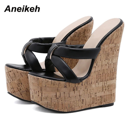 Aneikeh Wedges Heel Women Slippers Fashion Open Toe Platform Sandals Summer Super High Heels Female Party Shoes Size 35-42 PlatiNum