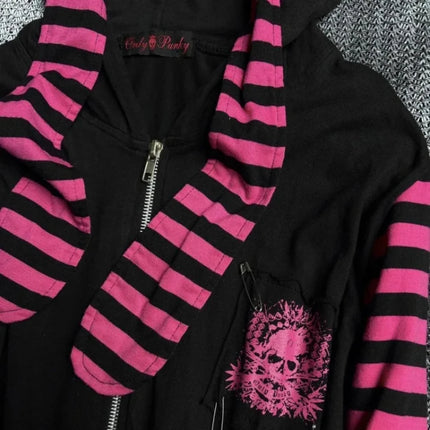 2026 Dark Pink Black Punk Skeleton Printed Striped Sleeve Hoodie Street Style Women's Zipper Cardigan Wholesale