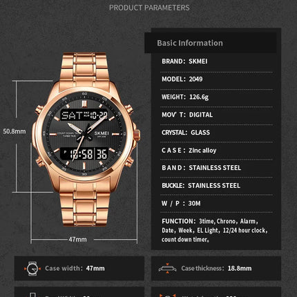 Skmei orologio da polso analogico al quarzo da uomo cinturino in acciaio inossidabile di lusso Led impermeabile digitale sportivo sveglia a tre fusi orari platinumshop