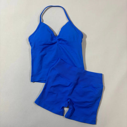 Yoga 2pcs Impact Gym Set Women Backless Tank Tops High Waist Scrunch Seamless Shorts Fitness Clothes Activewear Workout Sets