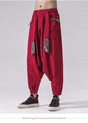 Pantaloni a gamba larga da uomo in cotone e lino casual oversize Harajuku pantaloni alla moda da uomo samurai giapponese retrò Ukiyo-e stampa pantaloni con cintura da uomo