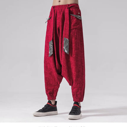 Pantaloni a gamba larga da uomo in cotone e lino casual oversize Harajuku pantaloni alla moda da uomo samurai giapponese retrò Ukiyo-e stampa pantaloni con cintura da uomo