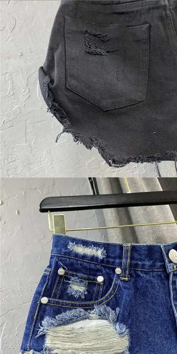 Shorts in denim da donna a vita alta, strappati, con orlo grezzo e sfilacciato, casual, hot pants