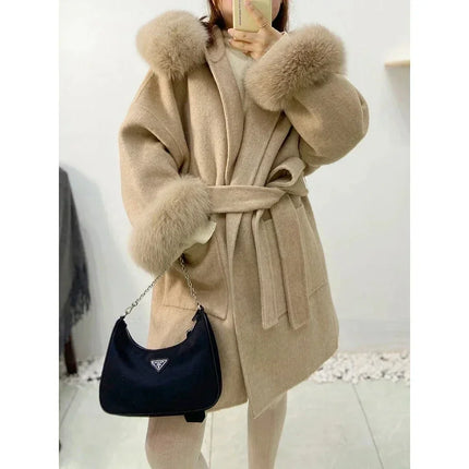 OFTBUY Omen Double Face Wool Coat Natural Fur Coat Wool Blend Jacket Winter Warm Elegant Long Sleeve Fur Cuffs Fashion Outerwear