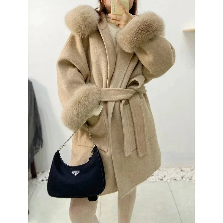 OFTBUY Omen Double Face Wool Coat Natural Fur Coat Wool Blend Jacket Winter Warm Elegant Long Sleeve Fur Cuffs Fashion Outerwear