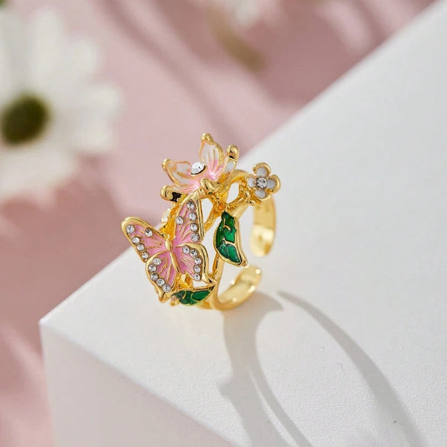 Aesthetic Flower Butterfly Rings for Female Romantic Rhinestone Stylish Non-fading Opening Ring Women Wedding Jewelry Party Gift PlatiNum