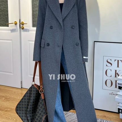 High-end White Thick Double-sided Wool Cashmere Coat Long Women Fashion Casual Loose Lapel Lace-up Woolen Jacket Autumn Winter
