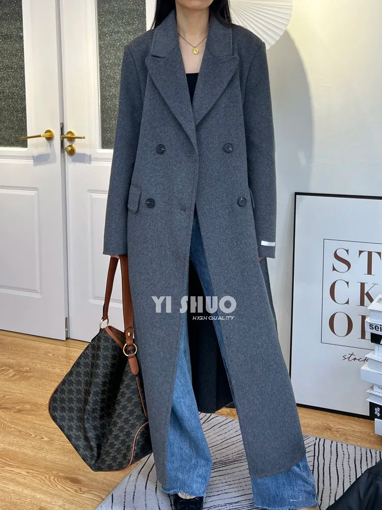 High-end White Thick Double-sided Wool Cashmere Coat Long Women Fashion Casual Loose Lapel Lace-up Woolen Jacket Autumn Winter