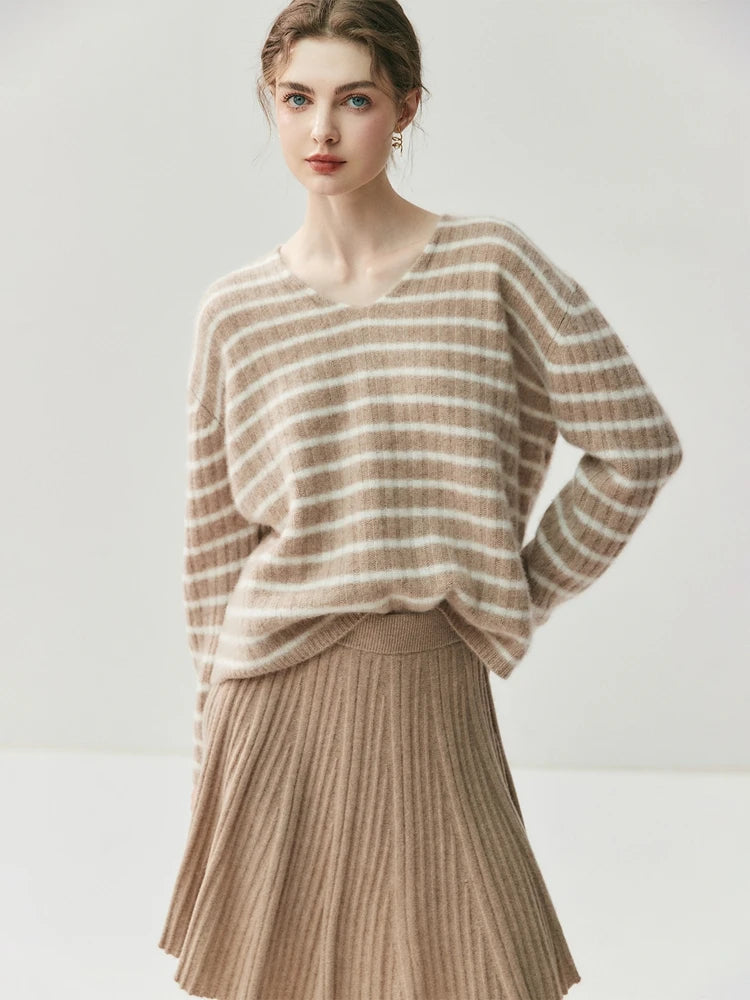 CHICUU Women's A-line Pleated Skirt 100% Cashmere Knit Mini Skirt Autumn Winter Preppy Style Above Knee Skirt Cashmere Knitwear PlatiNum