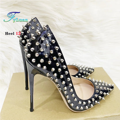 Super Thin Heel 8 10 12CM Sexy All Spikes Rivets Women Pumps Pointed Toe Super High Heels Party Nightclub Fashion Shoes Size 46