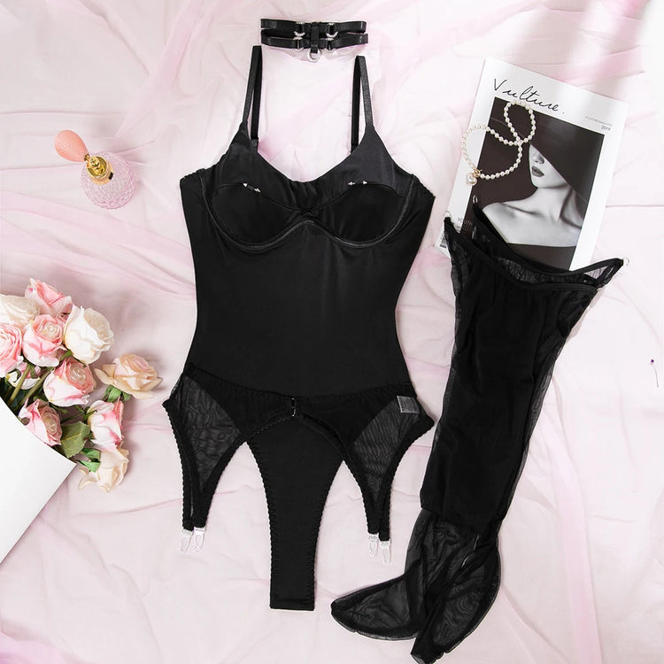 New Arrivals 4 Piece Garter Bodysuit Lingerie Sets with Stockings Women Elegant Private Intimate Hot Underwear Bra Set