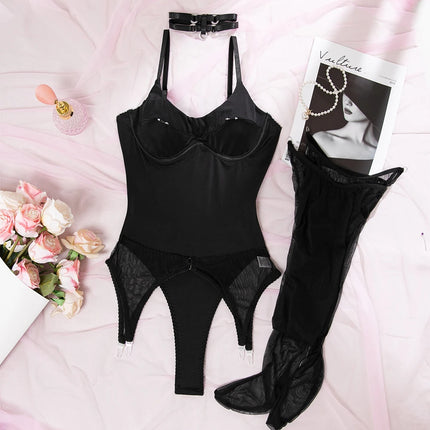 New Arrivals 4 Piece Garter Bodysuit Lingerie Sets with Stockings Women Elegant Private Intimate Hot Underwear Bra Set
