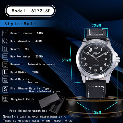 LONGLUX Men Automatic Watch Vintage Pilot Business Classic Military Mechanical Watches Date Waterproof Luminous Leather Gift