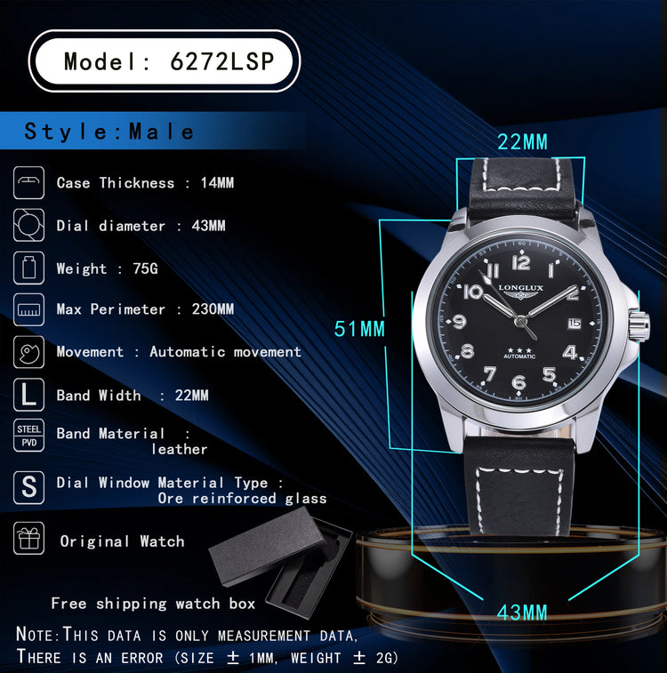 LONGLUX Men Automatic Watch Vintage Pilot Business Classic Military Mechanical Watches Date Waterproof Luminous Leather Gift