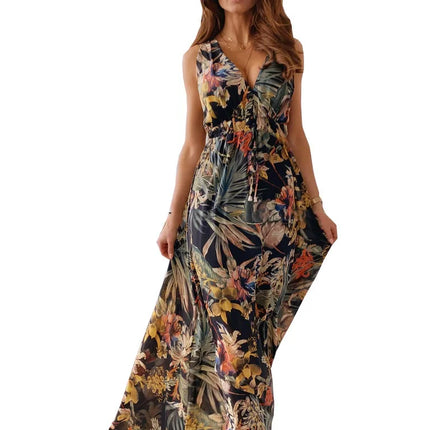 Abito da spiaggia da donna senza schienale con allacciatura Abito da spiaggia sexy con scollo a V Boho Abiti lunghi estivi Elegante stampa senza maniche Lady Maxi Dress Vestidos