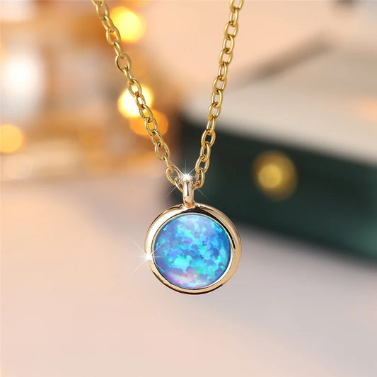Collana con ciondolo in pietra rotonda opale bianco blu femminile di lusso Gioielli da sposa color oro vintage per le donne
