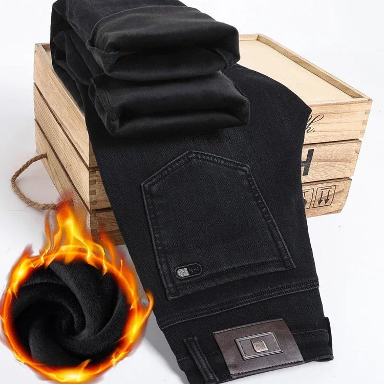 2026 New Men's Autumn and Winter Plush Thick Jeans Men's Stretch Business High Waisted Straight Leg Casual Cotton Pants