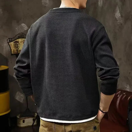 Spring and Autumn New Men Henley neck T Shirt Long Sleeve Casual  Solid color T-Shirt Fashion Waffle Fake two-piece Sweatshirts PlatiNum