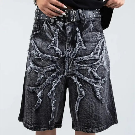 Pantaloncini Larghi Unisex Stile Gotico Retrò Y2K, Jeans Phantom con Ricamo a Ragno, Streetwear Hip Hop