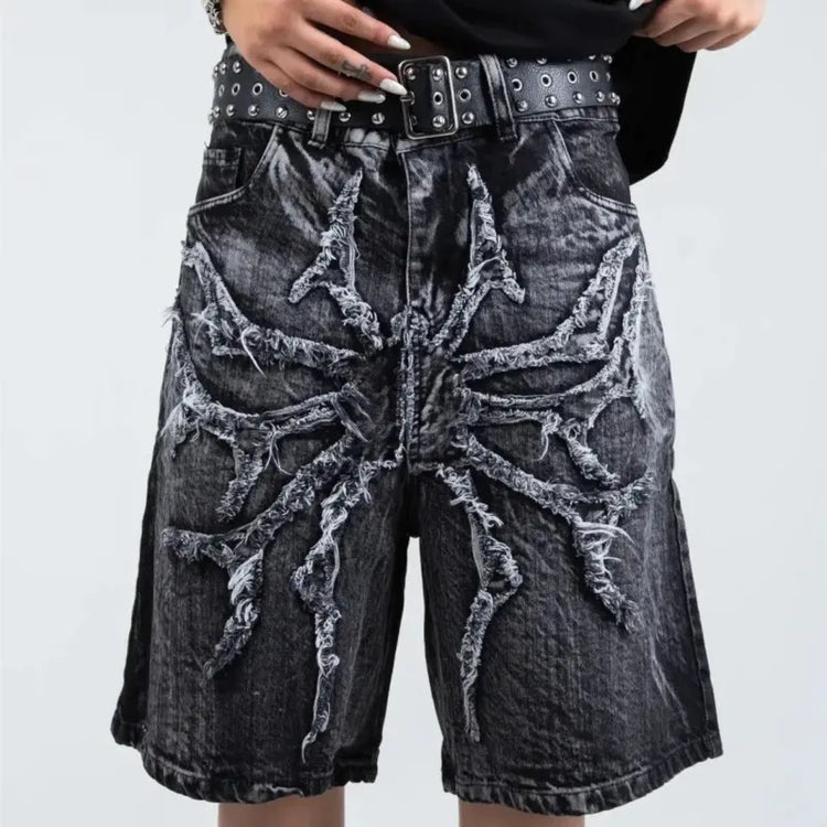 Pantaloncini Larghi Unisex Stile Gotico Retrò Y2K, Jeans Phantom con Ricamo a Ragno, Streetwear Hip Hop