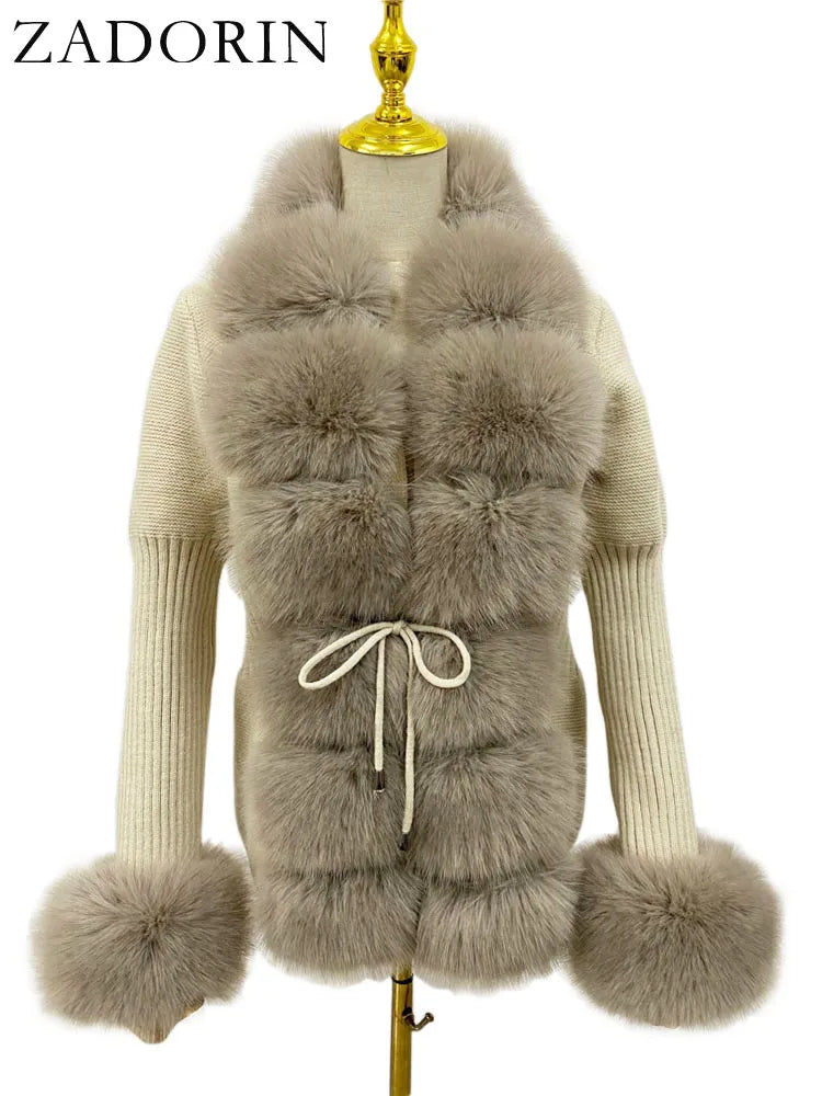 ZADORIN 2026 Chic Fur Cardigan Knitted Sweater Luxury Detachable Faux Fur White Pink Black Sweaters Cardigans Woman Tops Clothes