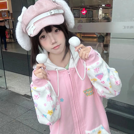 Harajuku Zip Hoodies Women Japanese Sweet Lolita Sweatshirts Kawaii Cartoon Print Y2k Hooded Overcoat Korean Fashion Clothes Top