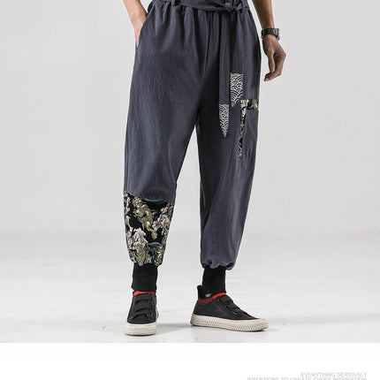 Pantaloni da uomo Costume da samurai giapponese Ukiyo-e Cintura con stampa Pantaloni stile harem da uomo in cotone e lino Pantaloni casual Harajuku da uomo Taglie forti 5XL