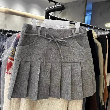 MEXZT Streetwear Woolen Mini Skirt Women Harajuku Bow Lace Up Black Pleated Skirts Autumn Winter Fashion Korean Preppy Faldas PlatiNum
