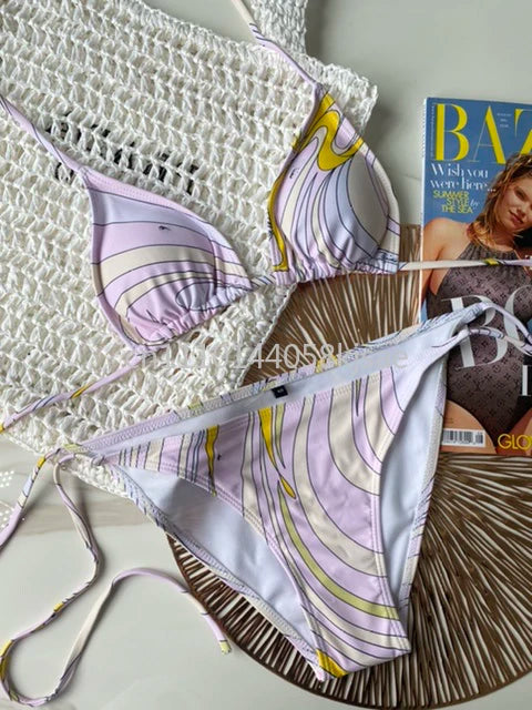 Set Bikini Giallo di Lusso per Donna con Logo Firmato, Abiti in Rete di Marca alla Moda, Abbigliamento da Spiaggia platinumshop