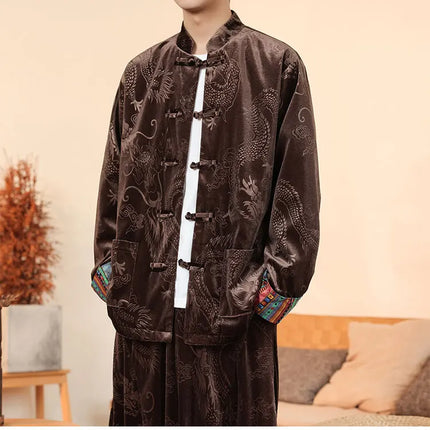 Giacca in velluto da uomo in stile cinese con stampa drago camicie da uomo tradizionale abito Tang Kung Fu Tai Chi camicie casual retrò abbigliamento da uomo