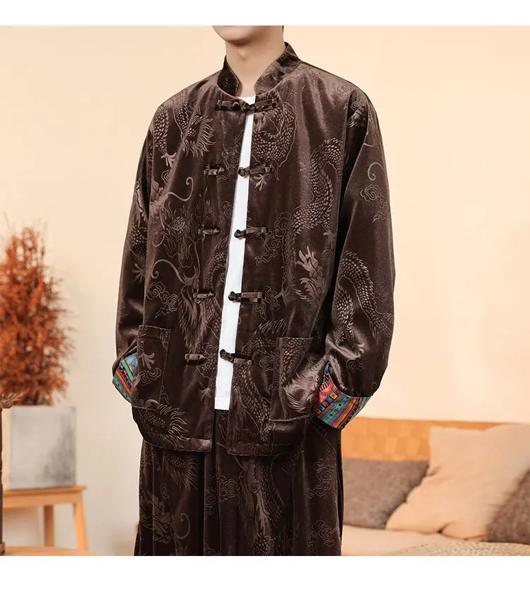 Giacca in velluto da uomo in stile cinese con stampa drago camicie da uomo tradizionale abito Tang Kung Fu Tai Chi camicie casual retrò abbigliamento da uomo