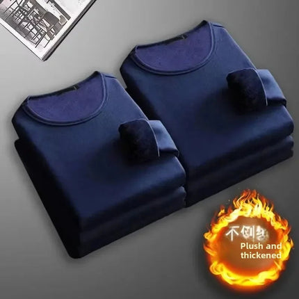 Men's Long Sleeve Thermal Underwear Fleece Lined Thick T-Shirt round Neck Slim Fit Base Shirt Pure Color Inner Wear Autumn Top PlatiNum