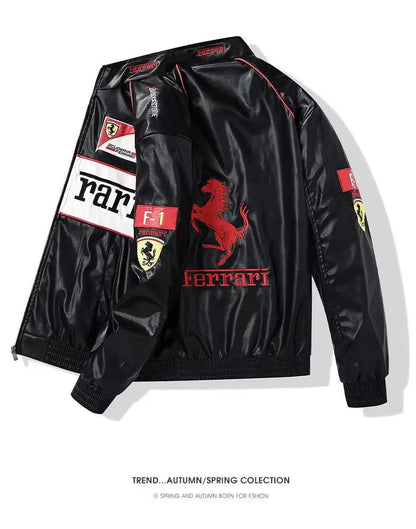 Giacca calda Ferrari F1 da uomo, look retrò motociclistico.