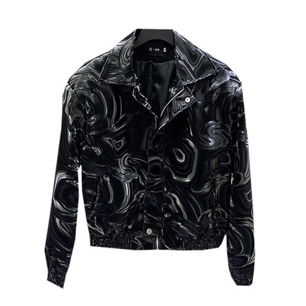 Mauroicardi Spring Autumn Cool Short Black Shiny Geometric Faux Leather Jacket Men Zipper Stylish Luxury Designer Clothes