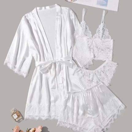 Set loungewear di lusso in pizzo da 4 pezzi - Canotta + pantaloncini/pantaloni + vestaglia kimono |   Collezione di indumenti da notte sexy da donna