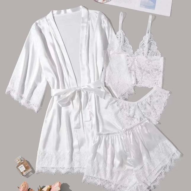 Luxury 4-Piece Lace Loungewear Set - Cami + Shorts/Pants + Kimono Robe | Women's Sexy Sleepwear Collection