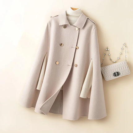 UHYTGF Mid Long Bat Cape Wool Coat Women High-End Double Sided Cashmere Autumn Jacket Female Fashion Casual Ladies Outewear 2029