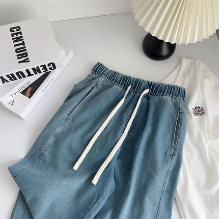 Jeans lavati curvi di seta pantaloni estivi in Denim a gamba larga larghi a vita alta da donna