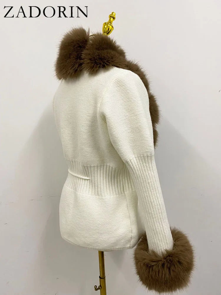 ZADORIN 2026 Chic Fur Cardigan Knitted Sweater Luxury Detachable Faux Fur White Pink Black Sweaters Cardigans Woman Tops Clothes