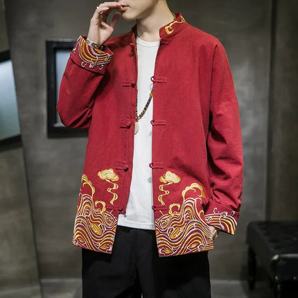 Camicie da uomo ricamate 2026 primavera stile cinese retrò colletto alla coreana giacca in cotone e lino cardigan da uomo Kungfu allentato casual Top