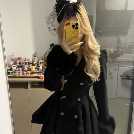 Winter Hepburn Black Fur Collar Woolen Coat French Style Vintage Blends Slim Mid-length Outwear Elegant Lolita Warm Outfits New